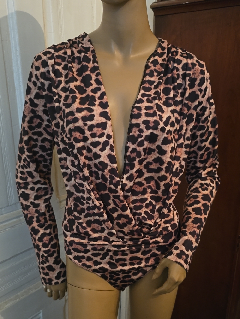Zara Leopard Print Draped V-Neck Bodysuit